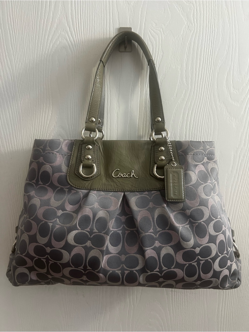 Coach Ashley Sateen Gray Pink Signature Shoulder Tote with Gray Trim
